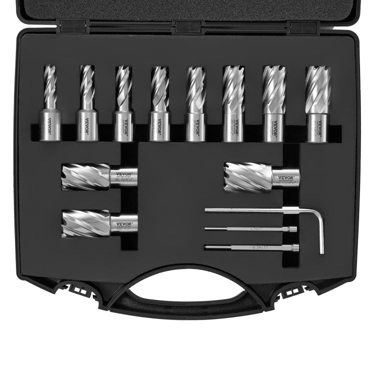 Annular Cutter Set, 13 Pcs Weldon Shank Mag Drill Bits, 7 16" To 1 1 16" Cutting Diameter, 1" Cutting Depth, M2Al Hss, 2 Pilot Pins, Hex Wrench And Portable Case, For Using With Magnetic Drills