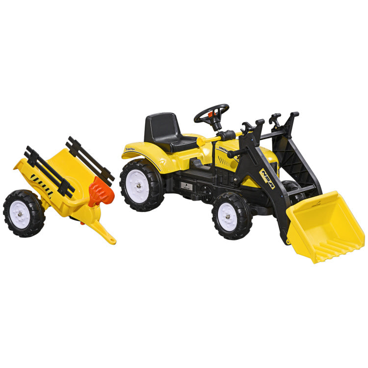 Aosom Kids Ride On Excavator, Pedal Car Bulldozer, Move Forward Back With Real Working Dirt Bucket, 6 Wheels, & Cargo Trailer