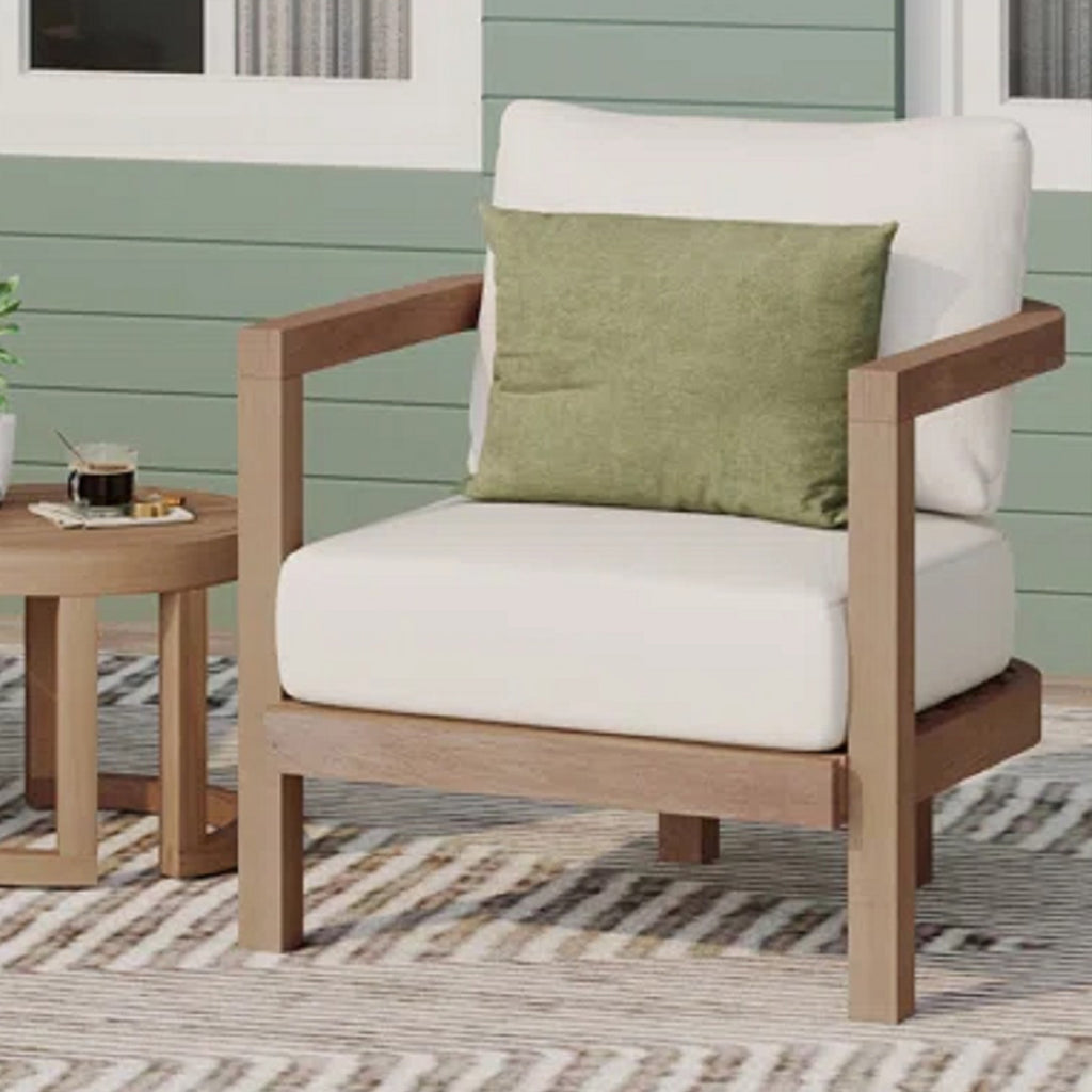 Outdoor Acacia Wood Patio Club Chair, Patio Furniture,Waterproof Thick Cushion Deep Seating For Porch, Garden, Backyard, Balcony, Weight Capacity 400Lbs, Brown Wash, Beige Cushion