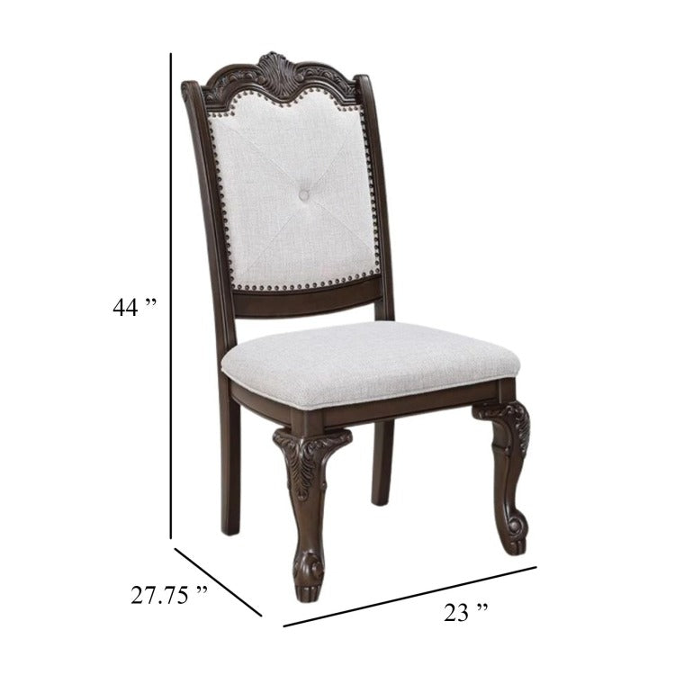 Cary Side Dining Chair Set Of 2, Beige Linen, Scrolled Coffee Brown Wood