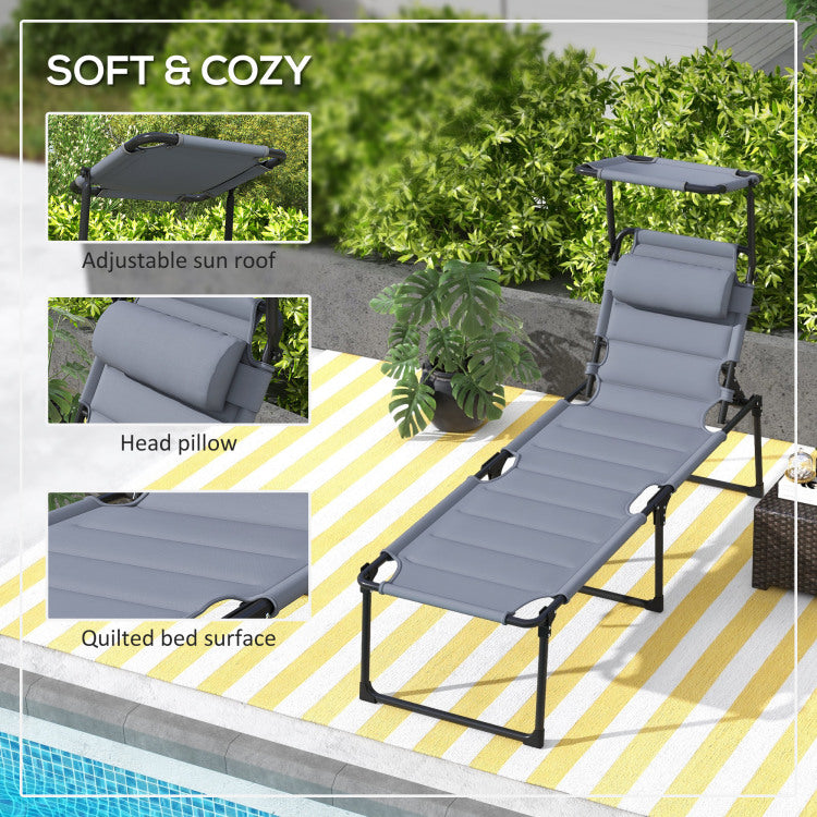 Outsunny Outdoor Lounge Chair, Adjustable Backrest Folding Chaise Lounge, Cushioned Tanning Chair W Sunshade Roof & Pillow Headrest For Beach, Camping, Hiking, Gray