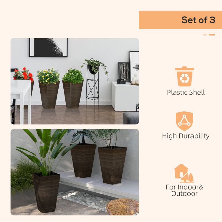 Outsunny 28" Tall Outdoor Planters, Set Of 3 Large Taper Planters With Drainage Holes And Plug, Faux Wood Plastic Flower Pots For Outdoor, Indoor, Garden, Patio, Brown