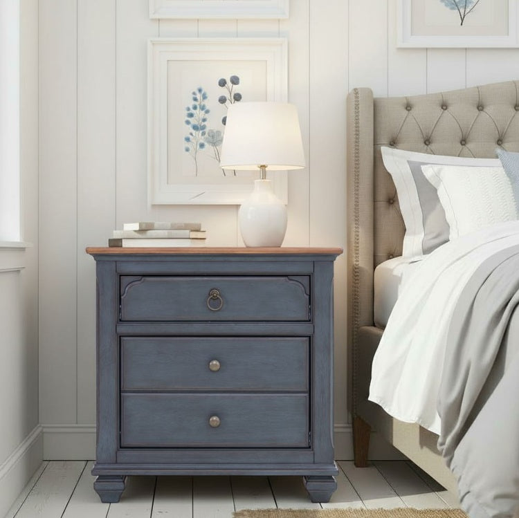 Americana 3 Drawer Nightstand, No Assembly Required, Corduroy Blue Finish