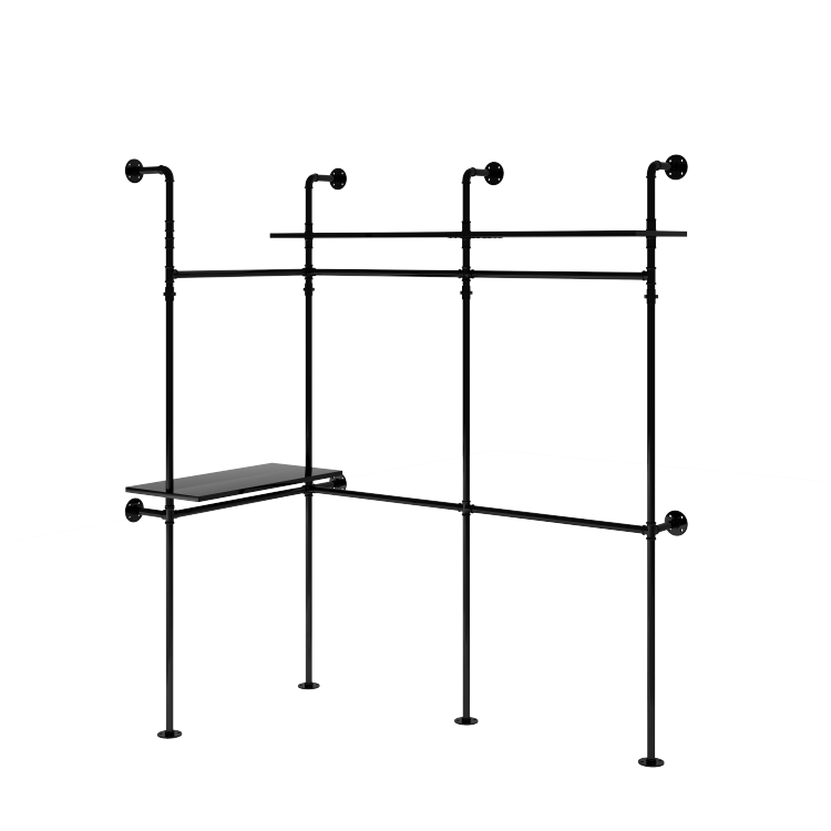 Industrial Pipe Clothing Rack, Reversible 118.3'' Clothes Rack For Hanging Clothes, Heavy Duty Garment Rack Closet Wardrobe Rack With Led Lights & Shelves, Walk In Closet System, Black Three