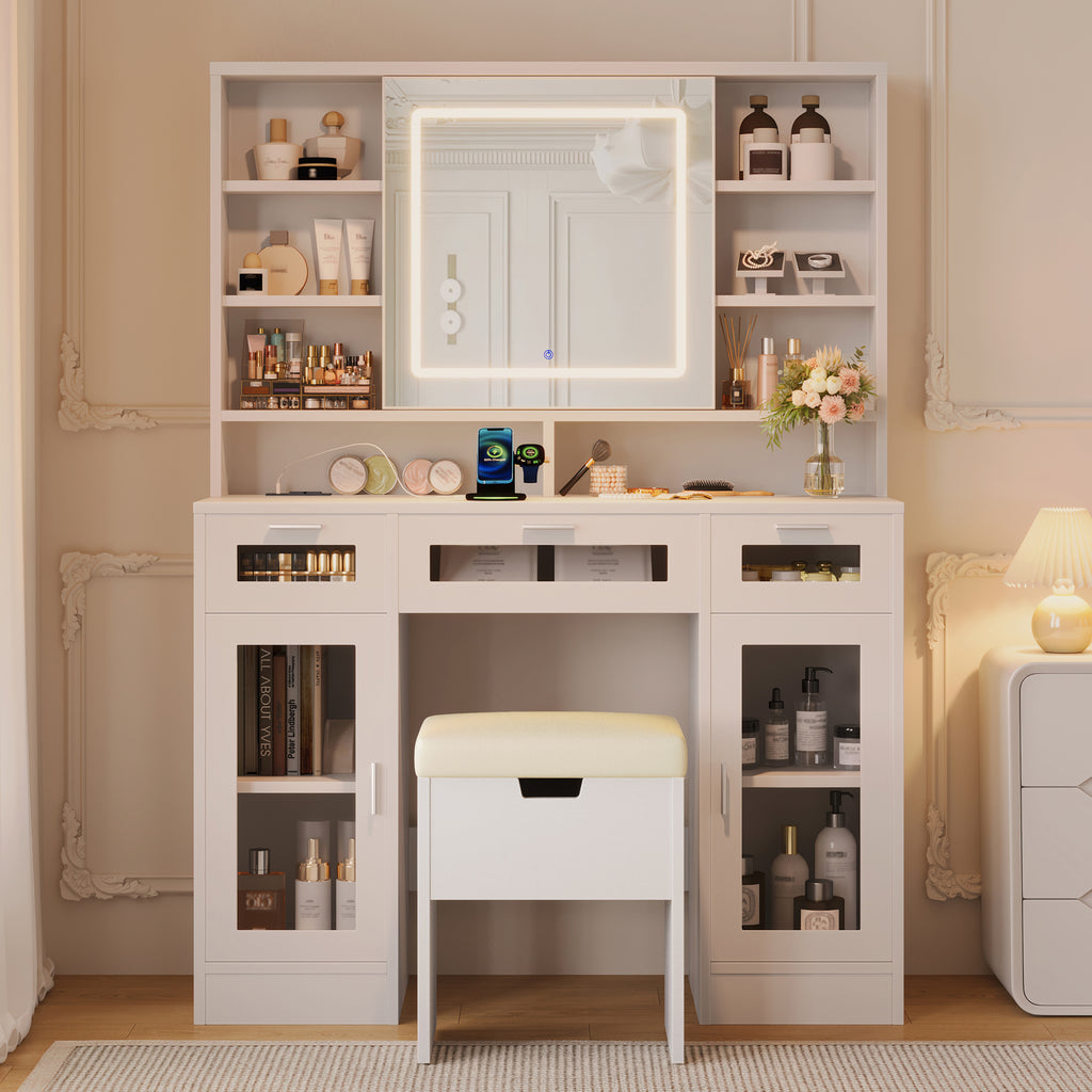 41.3" Makeup Vanity With Sliding Mirror And Led Lights, Dressing Table With Storage Stool, 3 Drawers And 2 Rgb Cabinets, Vanity Desk With Open Shelves And Charging Station, White