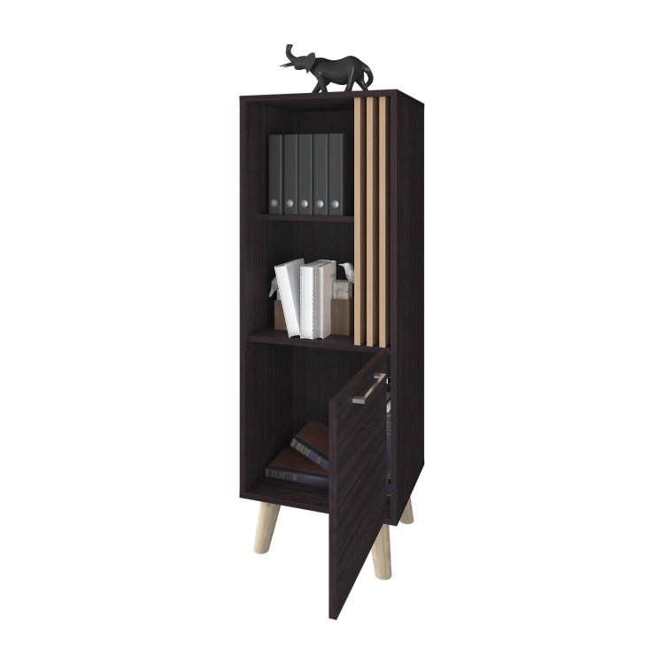 Wengue And Natural Oak Storage Cabinet With A Door And Open Storage