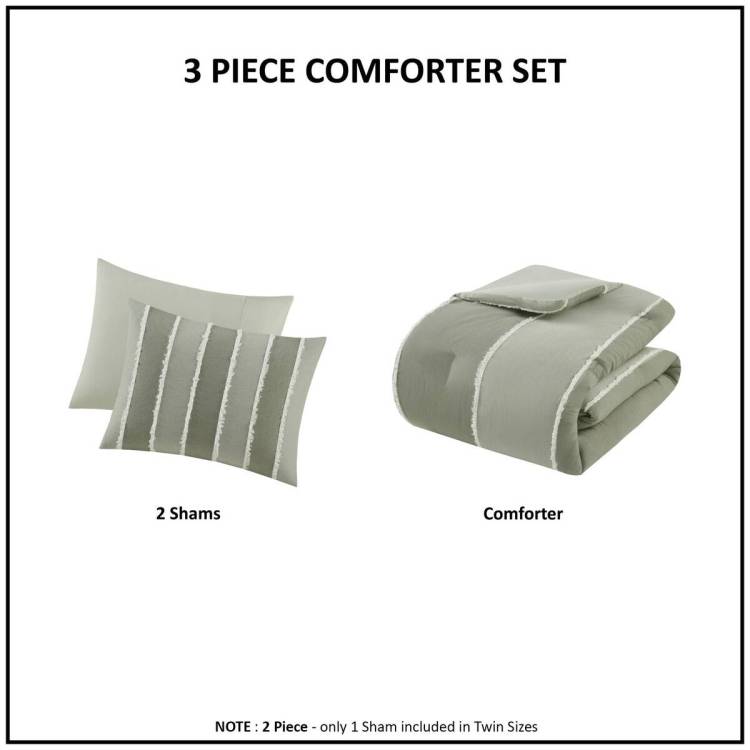 3 Piece Striped Cotton Comforter Set Sage Full Queen