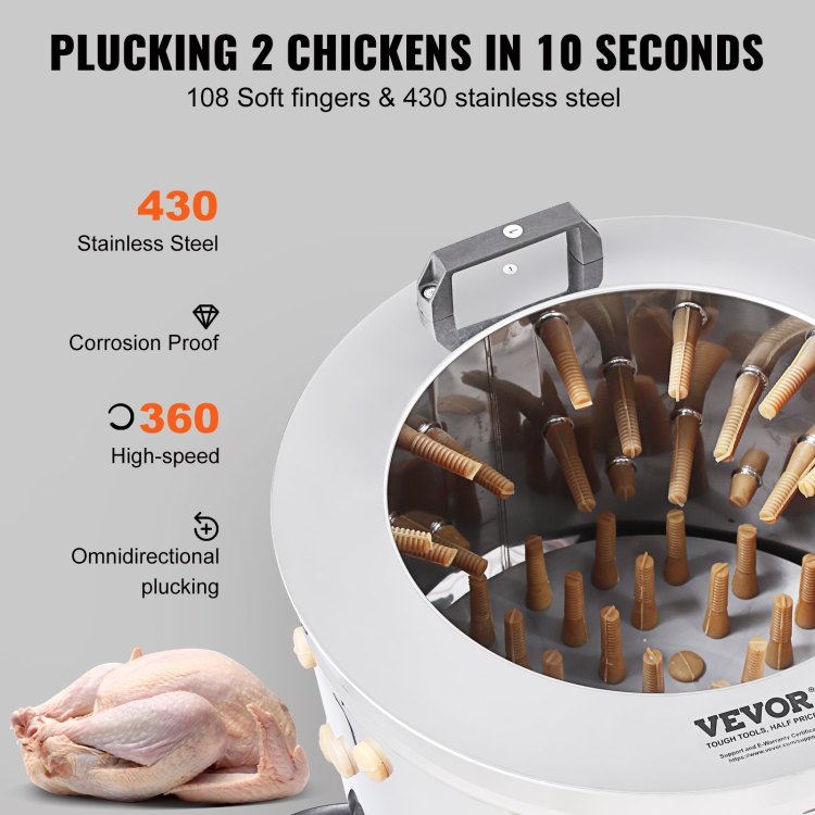 Chicken Plucker Machine, Feather Plucker With 20 Inch Stainless Steel Drum, Defeathering Equipment With 108 Soft Fingers, Simple Debris Collection, 500W High Power Poultry Plucking