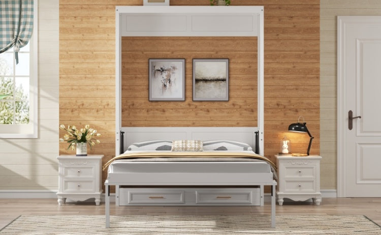 Full Size Murphy Bed With 2 Drawers, Beige