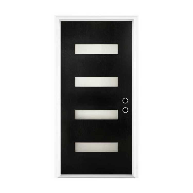 36 X 80 Fiberglass Entry Door With Brickmould, Frosted Glass, Black Finishe Knock Down Fiberglass Door Contemporary Style For Home'S Front Entrance, Left Hand Inswing With 4 9 16 White Vinyl Frame