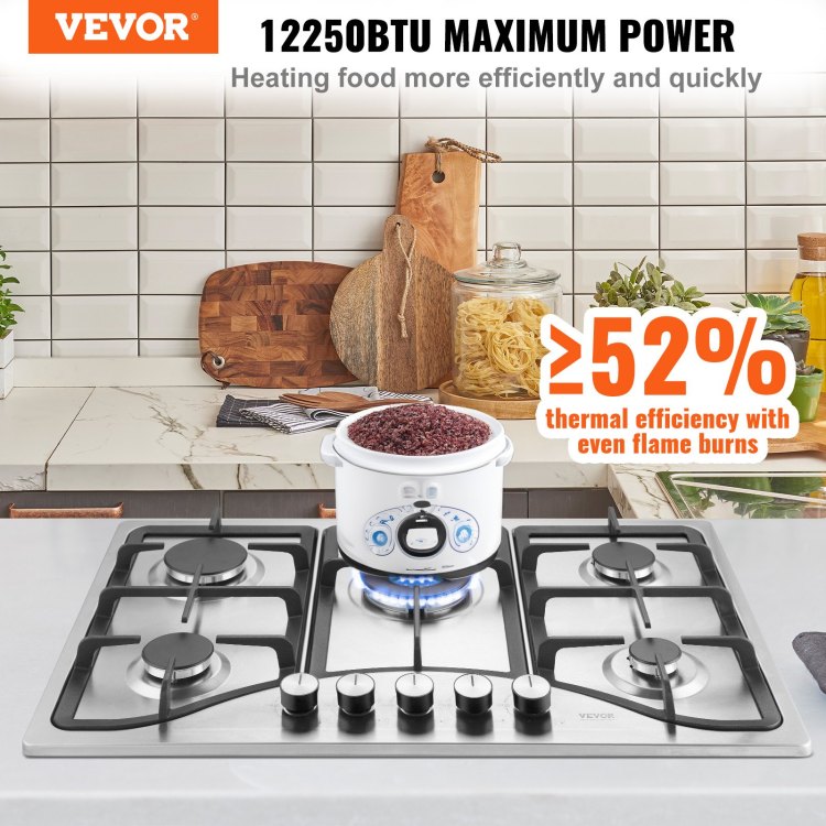 Gas Cooktop 30 Inch, Max 12250Btu 5 Burners Built In Stainless Steel Gas Stove Top, Lpg Ng Convertible Dual Fuel Natural Gas Hob With Thermocouple Protection