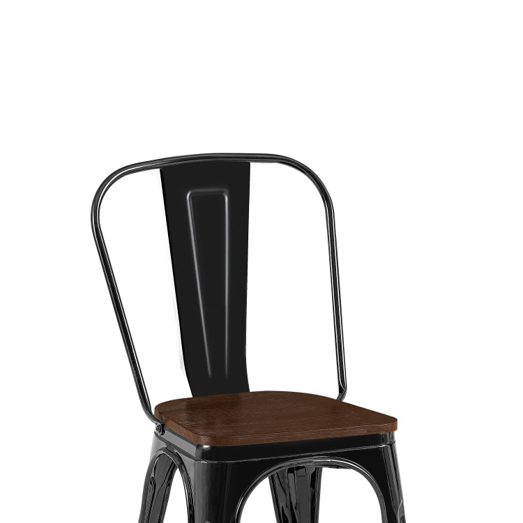Set Of 2 High Gloss Black With Walnut Wooden Seat Industrial Metal Dining Chairs 18 Inch Seat Height Stackable, Indoor Outdoor, Lightweight Easy Clean Surface, Easy Assembly, Durable Modern Design