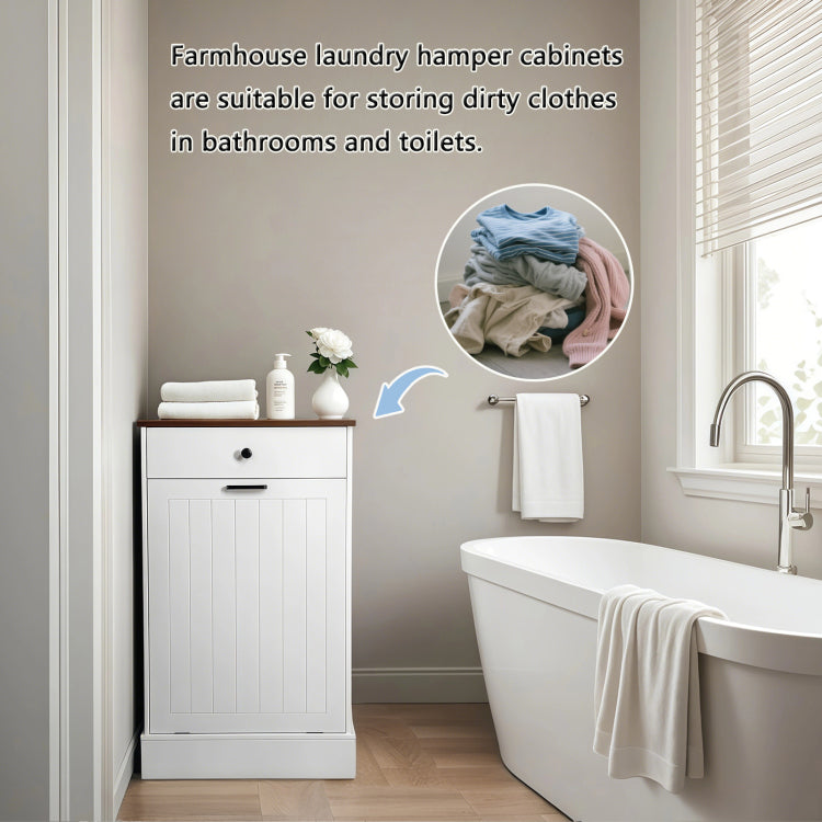 Tilt Out Trash Can Cabinet, Hidden Wooden Trash Can Cabinet With Drawer, Free Standing Garbage Cabinet For Kitchen, 10 Gallon Farmhouse Laundry Hamper Cabinet For Kitchen, Living Room White