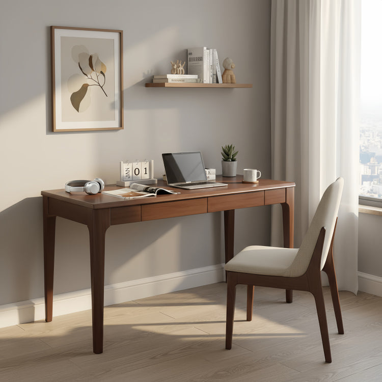 Solid Wood Desk With Drawers, Standing Desk With Smooth Edges, Home Office Desk For Small Spaces, Mid Century Modern Desk For Study, Bedroom, Living Room, Office, Walnut, 47.24''*21.65''*29.53''
