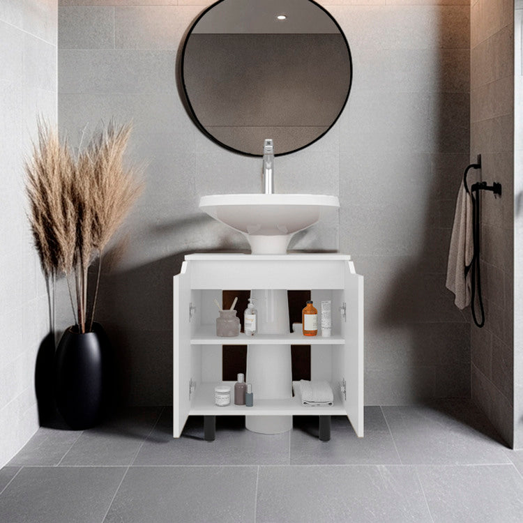 Under Sink Storage 24.8" H, 2 Doors, 2 Shelves, 4 Legs, White Bathroom
