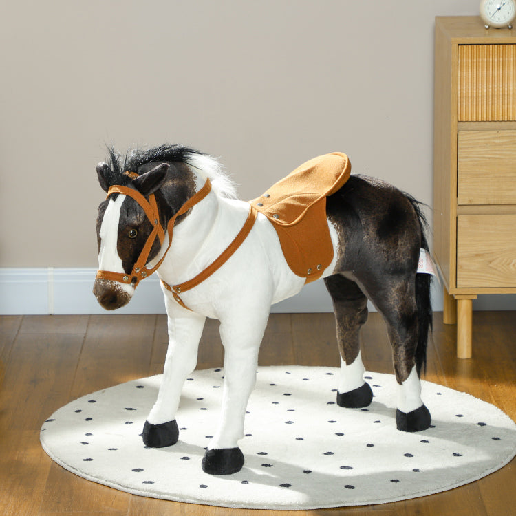 Qaba Ride On Horse For Toddlers 3 8 Years Old, Riding Horse With Neighing Sound, Stuffed Animal Horse Toy For Kids With Padding, Brown