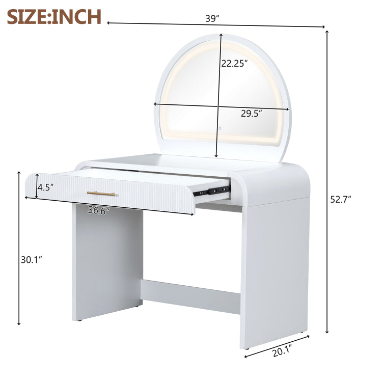 39" Makeup Vanity Table With Mirror Touch Screen Lighted Mirror, Dressing Table With Drawer For Bedroom, White