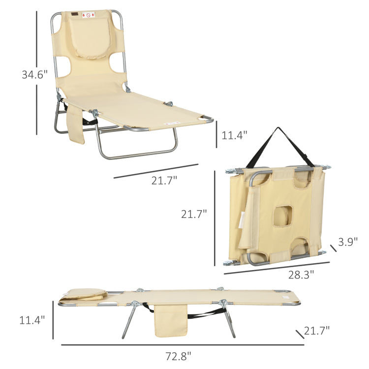 Outsunny Folding Beach Lounge Chair With Face Hole And Arm Slots, 5 Level Adjustable Sun Lounger Tanning Chair With Pillow For Patio, Garden, Beach, Pool, Beige