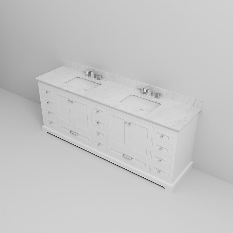 White Double Bath Vanity 84 In. W X 22 In. D, Carrara Marble Top, And Faucet Set