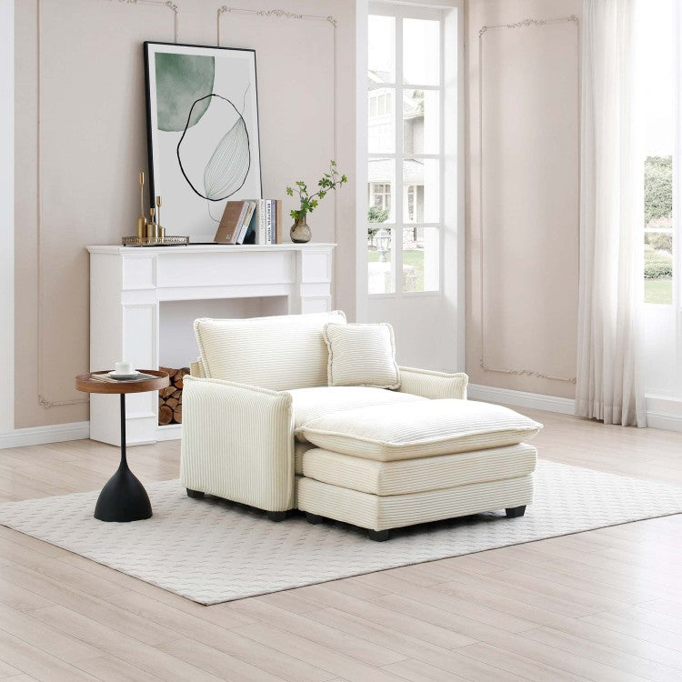 Single Deep Seat Sofa With Footstool With One Pillow, Suitable For Living Room And Bedroom, Club Multiple Occasions,White Corduroy