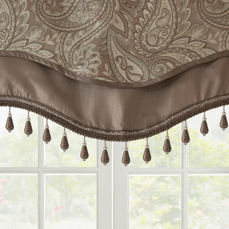 Jacquard Window Rod Pocket Valance With Beads Blue Brown 50X18"