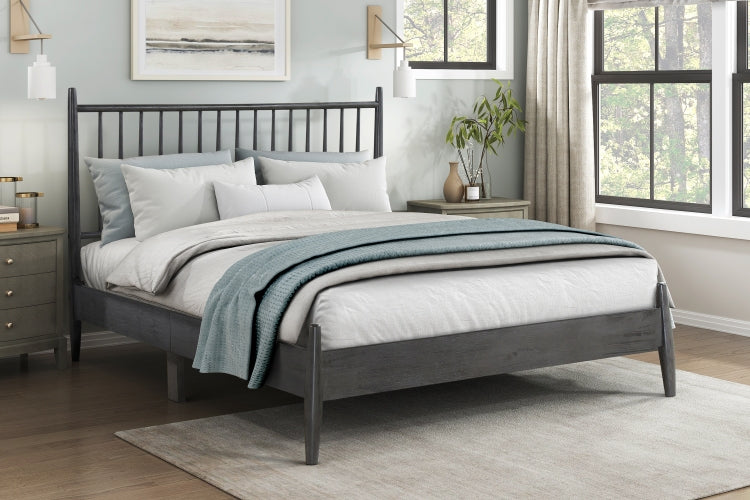 Mid Century Modern Design Queen Platform Bed 1Pc Gray Finish Wooden Bedroom Furniture Vertical Slats Headboard, Bed In A Box