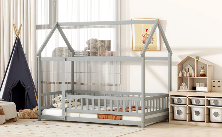 Twin Size House Floor Wooden Bed With Roof Frame,Safety Guardrails,Grey