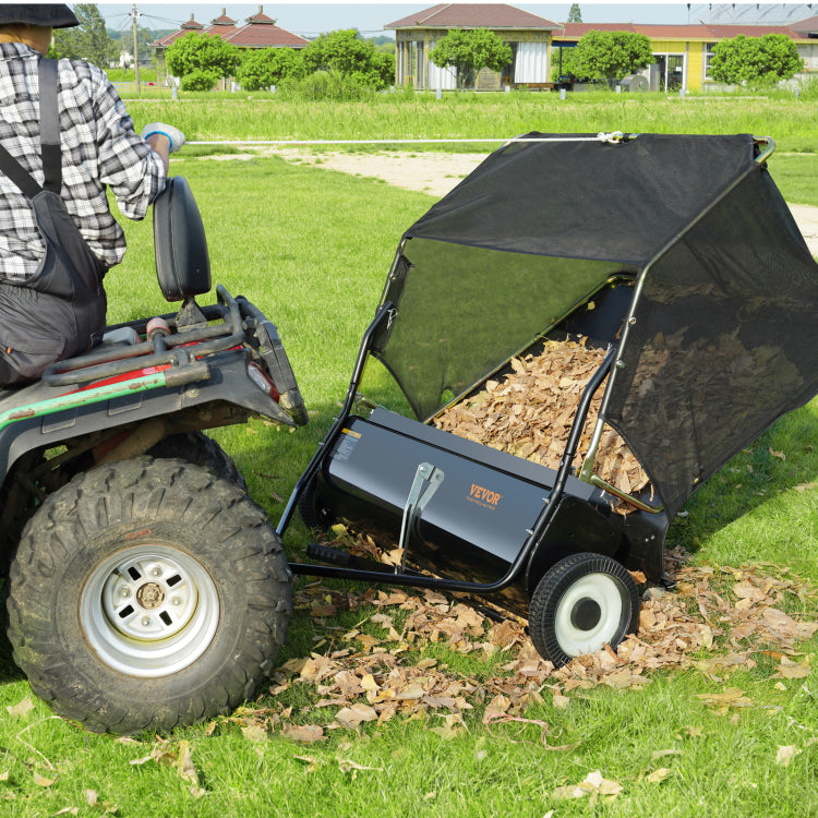 50" Tow Behind Lawn Sweeper 26 Cu. Ft. Leaf & Grass Collector Adjustable Height