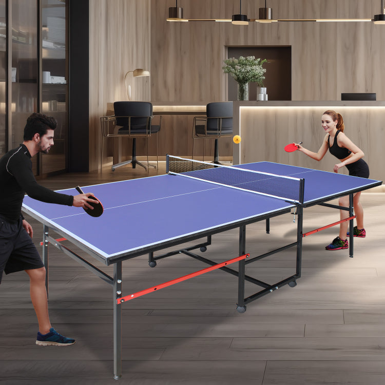 8Ft Mid Size Table Tennis Table Foldable & Portable Ping Pong Table Set For Indoor Games With Net, 2 Table Tennis Paddles And 3 Balls