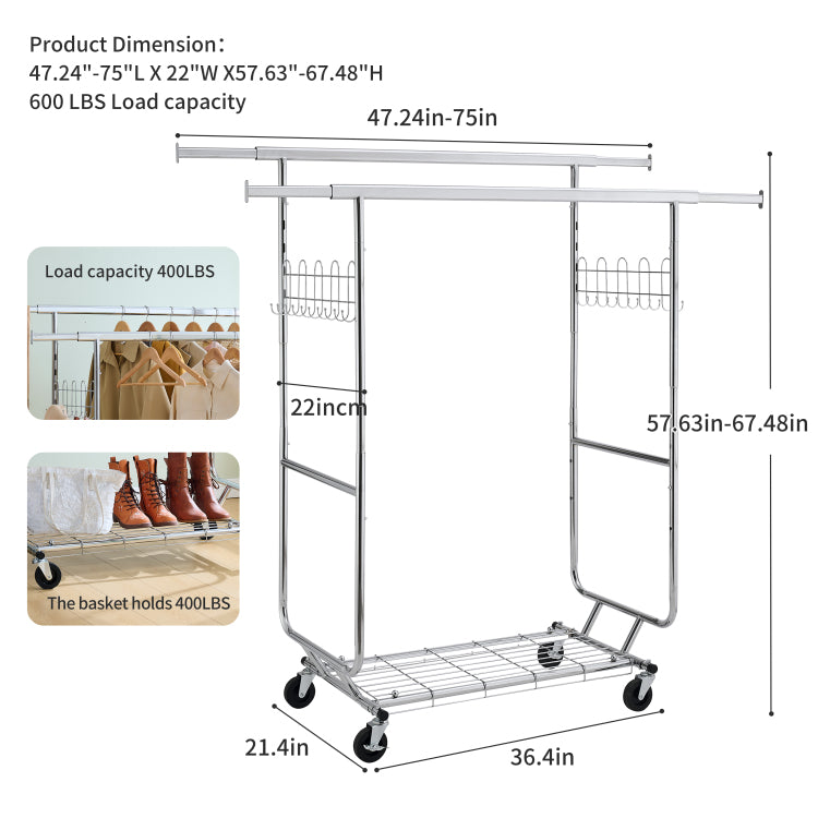 Double Clothing Garment Rack With Shelves Capacity 800Lbs Clothing Racks On Wheels Rolling Clothes Rack For Hanging Clothes Heavy Duty Portable Collapsible Commercial Garment Rack