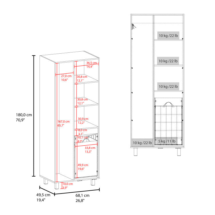 Iris 71" High Two Door Broom Closet With Hamper, Four Shelves, Hangers, Storage Closet, Pantry Cabinet
