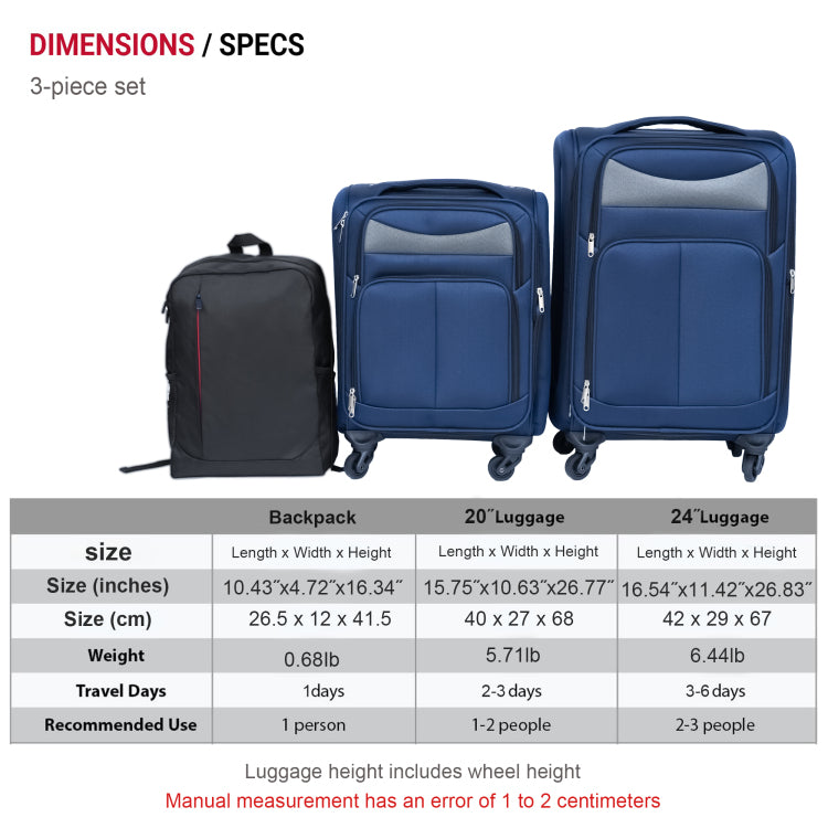 20 24 Travel Case Two Piece Suitcase Set Oxford Trolley Case Without Password Lock Universal Wheel Oxford Cloth Backpack Blue