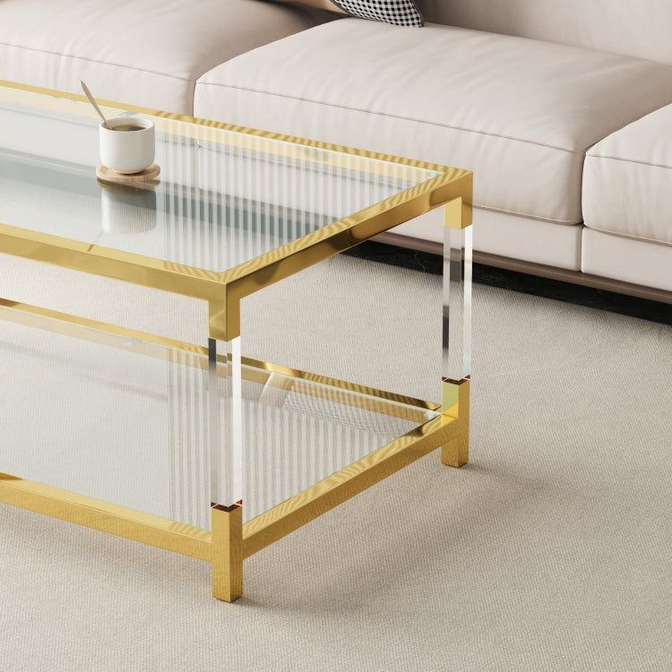 Modern Acrylic Leg Coffee Table, Double Layer Tempered Glass Top With Golden Metal Frame, 47.2X23.6X17.7 Inch Living Room Furniture