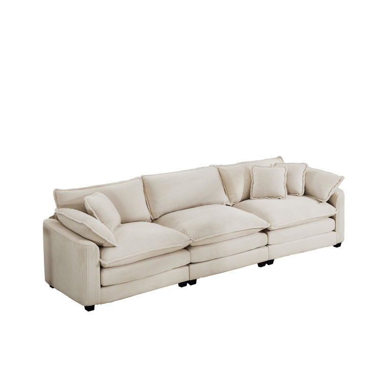 Mid Century Modern Sofa 3 Seater Sectional Sofa With 2 Arm Pillows And 3 Throw Pillows, Light Beige Corduroy Fabric