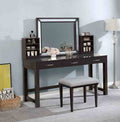 Glam Style 1Pc Vanity W Stool Set Tempered Glass Top Central Mirror Storage Drawers Padded Stool Obsidian Gray Finish