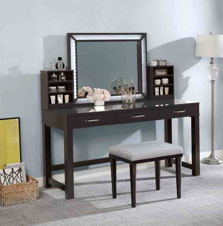 Glam Style 1Pc Vanity W Stool Set Tempered Glass Top Central Mirror Storage Drawers Padded Stool Obsidian Gray Finish