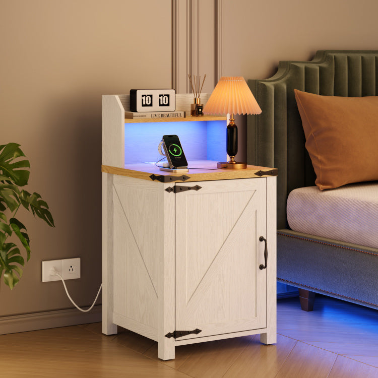 Okd Nightstand With Charging Station, 18 Inch Farmhouse End Table With Barn Door And Adjustable Storage Shelf, Rustic Wood Sofa Side Table W Magnetic Door For Living Room, Bedroom, Antique White