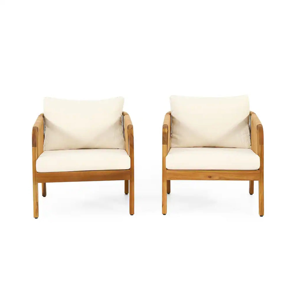 Set Of 2, Acacia Wood And Wicker Outdoor Club Chair, Deep Seating With Soft Cushion, Porch Chairs For Garden, Backyard Porch Balcony, Brown & Beige