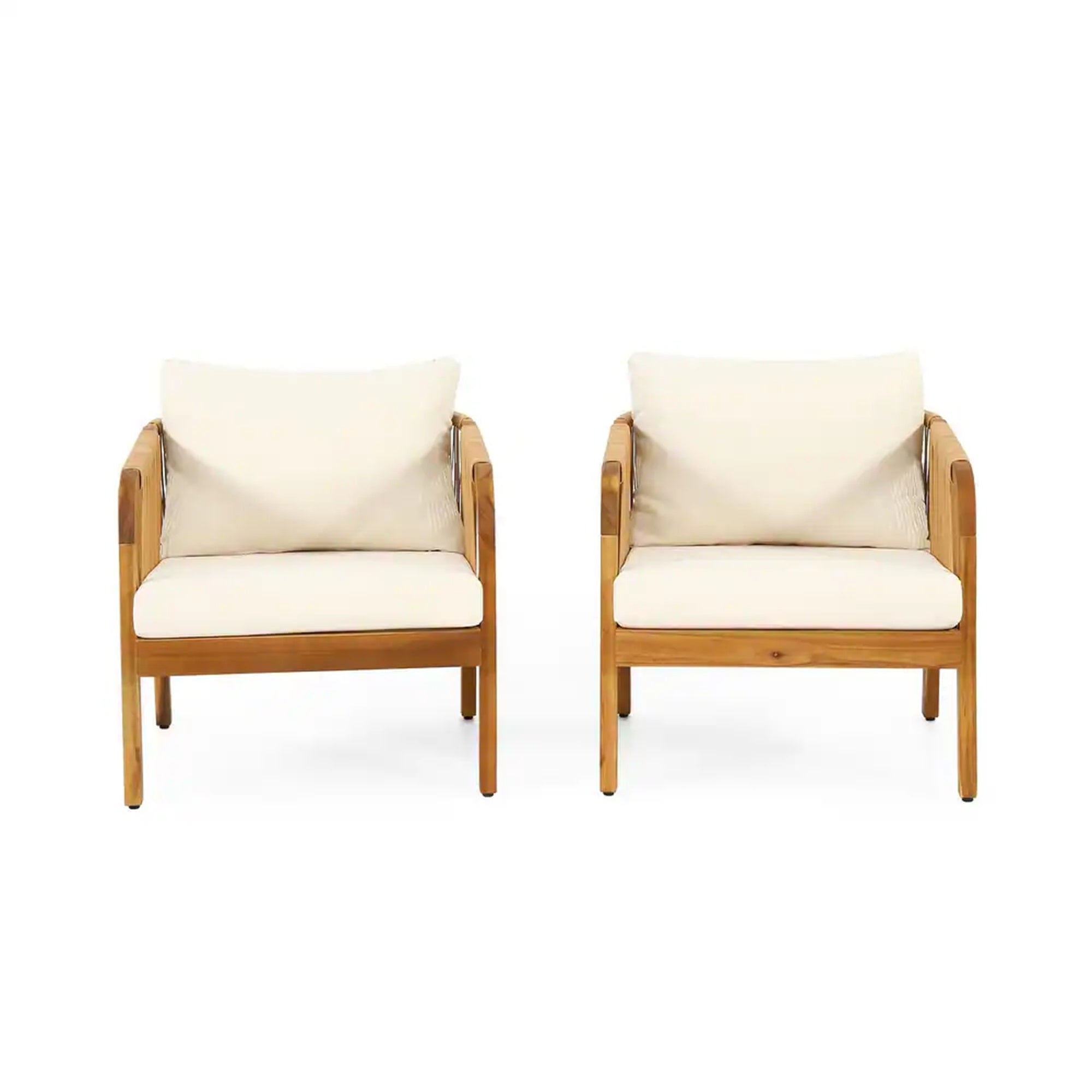 Set Of 2, Acacia Wood And Wicker Outdoor Club Chair, Deep Seating With Soft Cushion, Porch Chairs For Garden, Backyard Porch Balcony, Brown & Beige