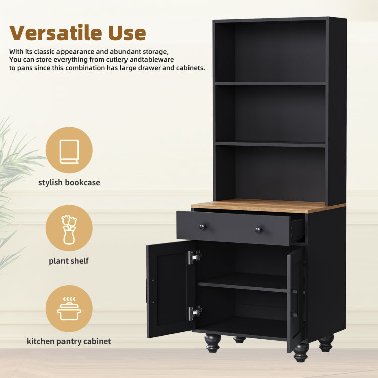 Farmhouse Storage Cabinet With 4 Solid Wood Gourd Shaped Legs, Modern Kitchen Pantry Cabinet With Adjustable Shelves, 5 Tier Bookshelf With Drawer For Living Room, Black