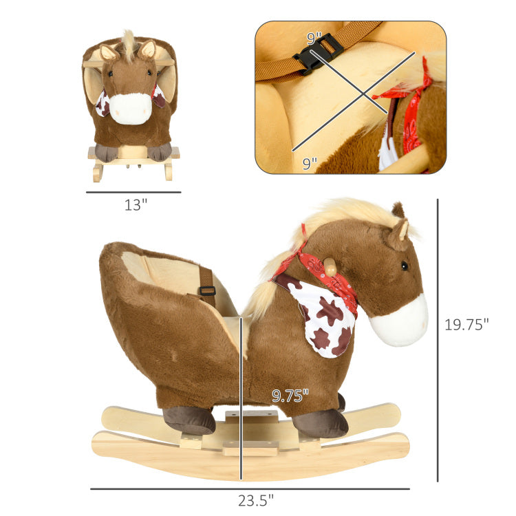 Qaba Baby Rocking Horse, Riding Horse, Plush Animal Rocker With Realistic Sound, Pedals For Ages 18 36 Months, Brown