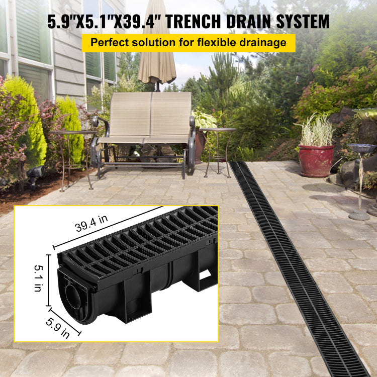 Trench Drain System, Channel Drain With Plastic Grate, 5.9X5.1 Inch Hdpe Drainage Trench, Black Plastic Garage Floor Drain, 6X39 Trench Drain Grate, With 6 End Caps, For Garden, Driveway 6 Pack
