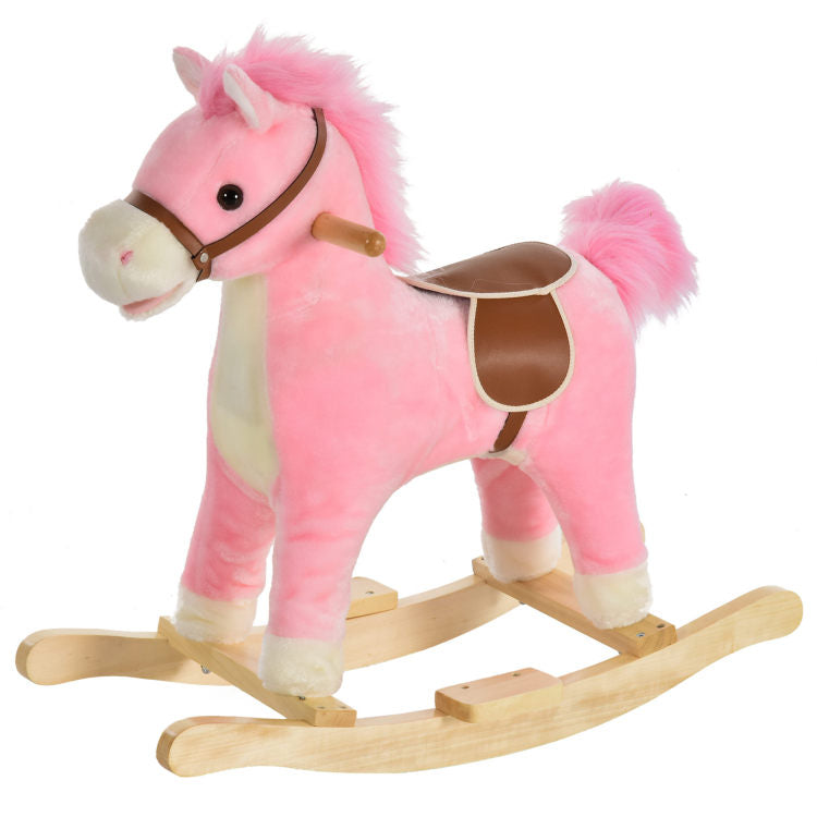 Qaba Rocking Horse Plush Animal On Wooden Rockers, Baby Rocking Chair With Sounds, Moving Mouth, Wagging Tail, Pink