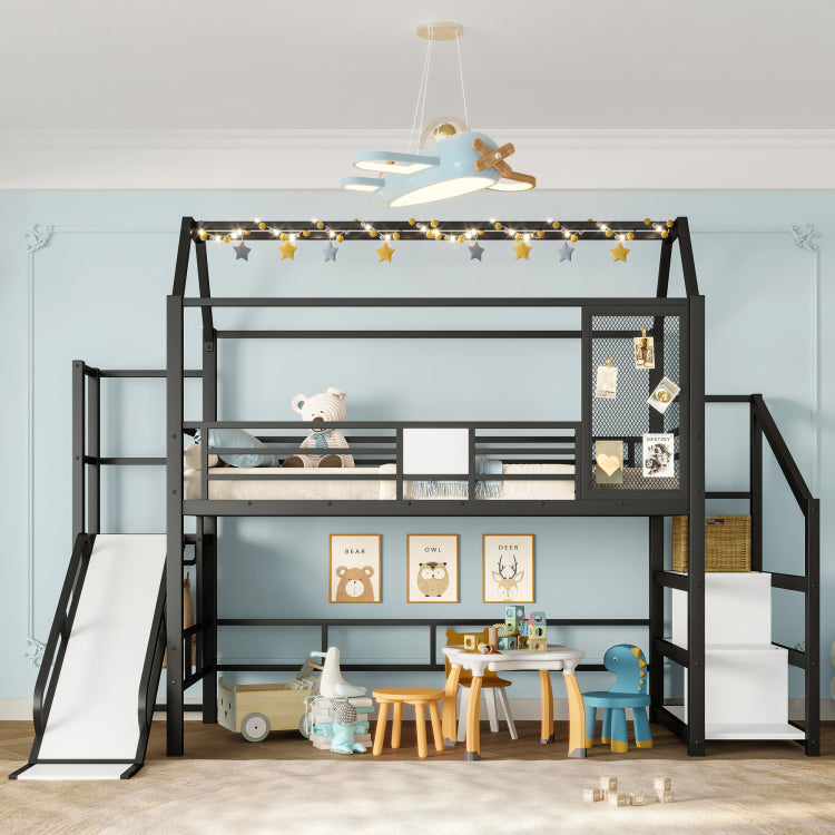 Twin House Loft Bed With Slide And Stairs, Metal Playhouse Bed With Storage Shelves, House Shaped Roof And Noise Free Design, Black