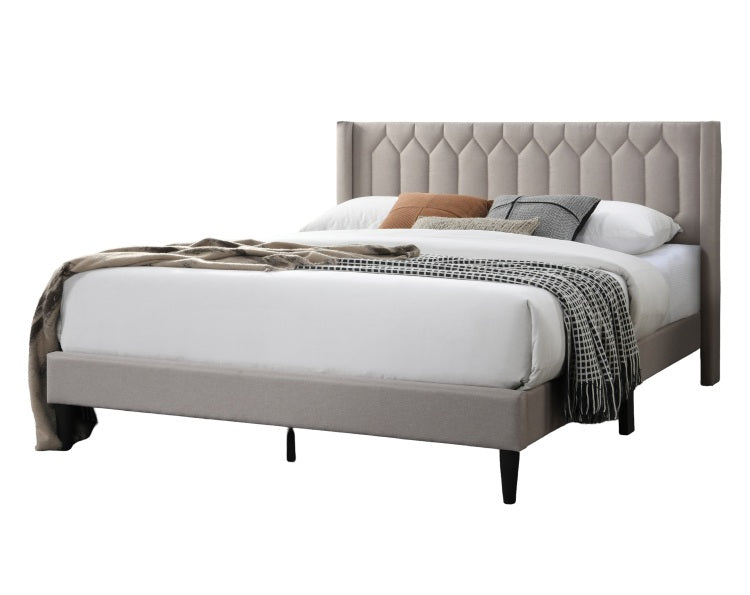 Modern Eye Catching 1Pc Queen Size Bed Light Brown Burlap Fabric Unique Diamond Design Headboard Bedframe