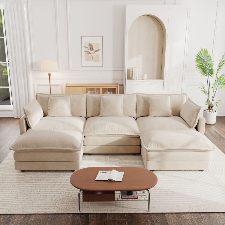 U Shaped Sectional Sofa W Reversible Footrest, 5 Seater Convertible Corner Couch With 2 Ottomans ,Modern Minimalist Soft Sofa & Couch For Living Room , Light Coffee Chenille