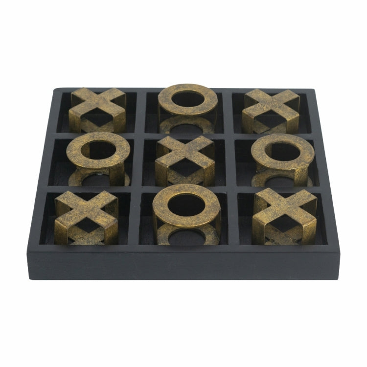 9.8X9.8X1.2" Black Wooden Tic Tac Toe Game Set With Gold Iron Pieces