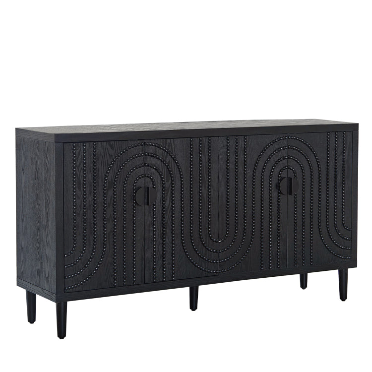 Modern Black Sideboard Cabinet With Decorative Nailhead Accents, Stylish Storage Solution For Dining & Living Rooms