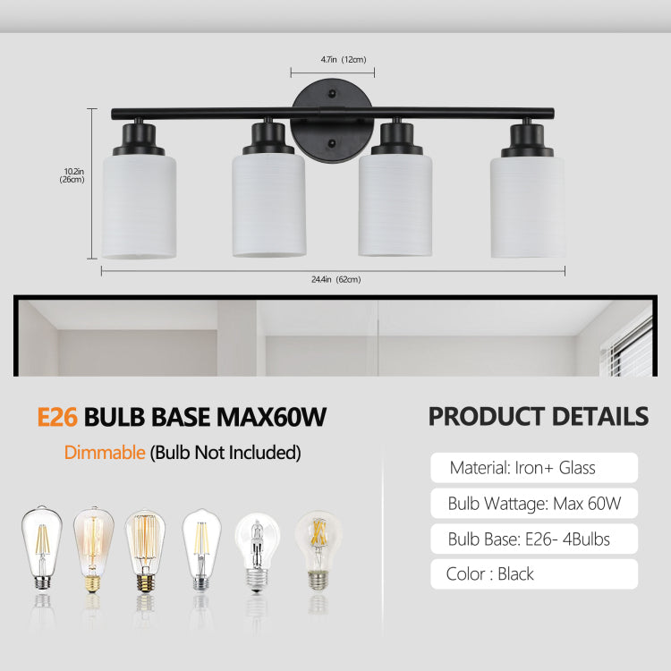 24" Modern 4 Light Vanity Bathroom Mirror Light, Frosted White Glass With Black Iron Frame, Contemporary Wall Sconce For Bedroom, Bathroom, And Dressing Room Bulb Not Included