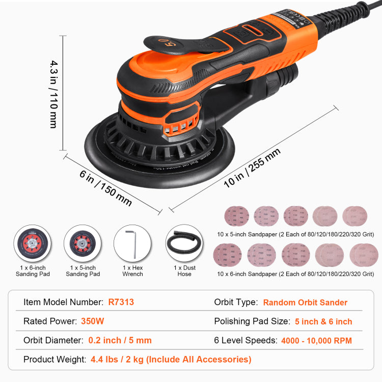 Random Orbital Sander 5" & 6" Brushless Orbital Sander Sander 10000Prm 6 Speed
